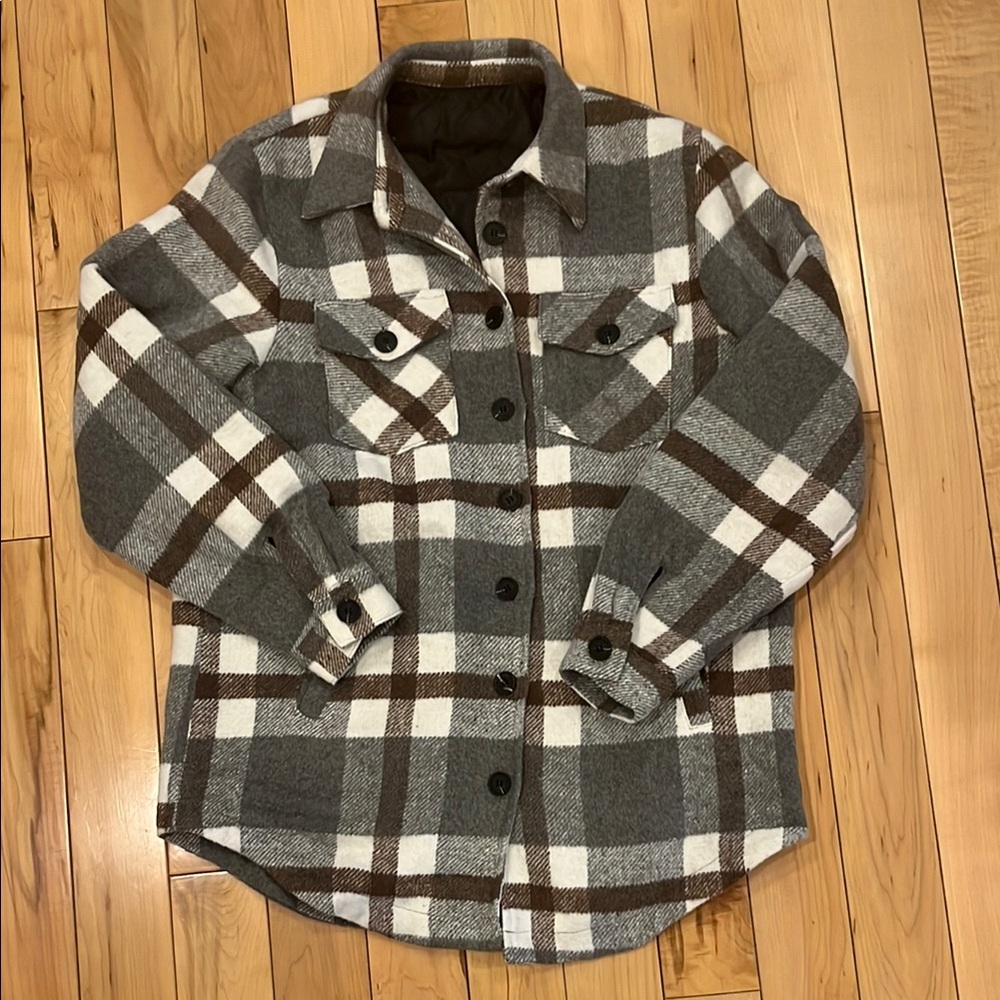 Oversized Plaid Button Down Quilted Lined Shacket… - image 1